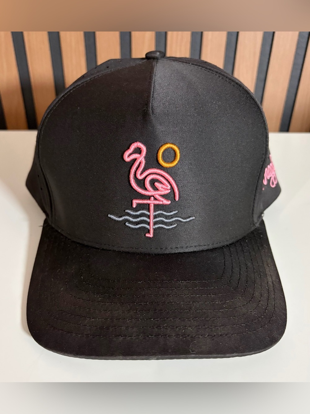Waggle Black Hat with Pink Flamingo Embroidery